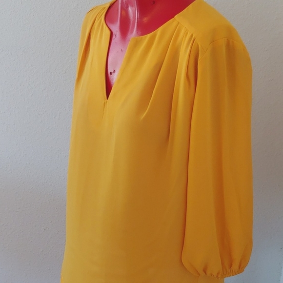 Pleione Sunny Yellow Women's Pleated V-Neck Blouse 3/4 Sleeves Size Small - Picture 4 of 13